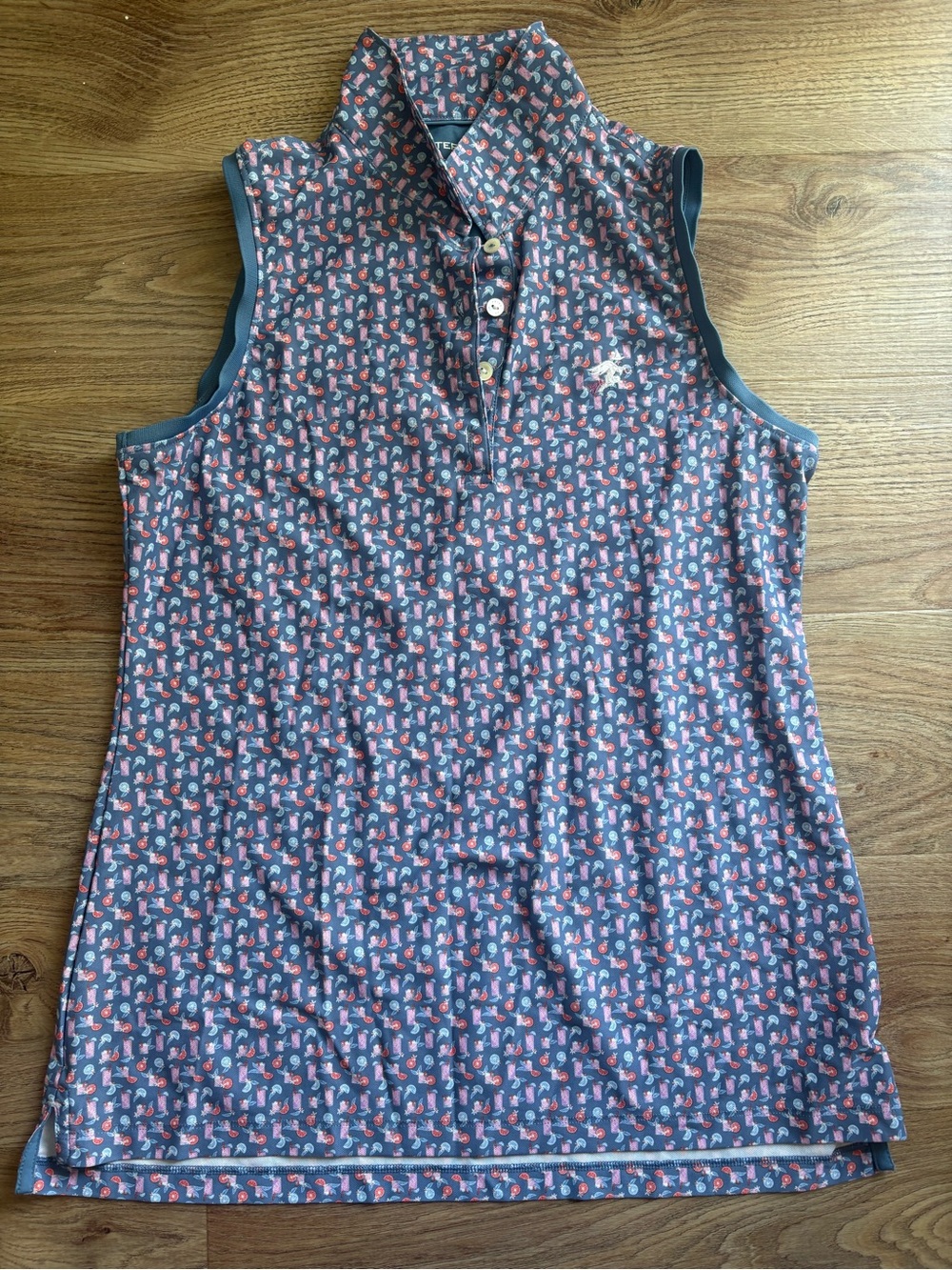 Peter Millar Navy Sleeveless Polo Tank with Coral Print, NWOT